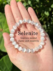 YAUKIA 1pc Gypsum Bead Bracelet - 8mm Round Crystal Elastic Gemstone Bracelet, Symbolizing Purity, Creativity, Healing And Protection - White - View 11