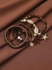 Conjunto de 2 piezas de pulsera con elementos del océano, incluyendo coral, estrella de mar, concha y talla grande elementos, joyería de moda para vacaciones de verano, viajes y festividades
