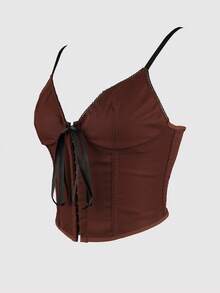 Yuwenier Y2K Grommet Eyelet V Neck Trim Contrasting Ribbon Bowknot Front Overbust Boned Corset Bustier Shapewear Crop Cami Top