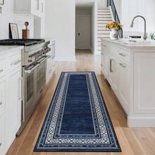 1pc Luxury Modern Navy Blue Floral Border Design Area Rug - Non-Shedding, Easy Clean, 800g Fine Worsted Wool + TPR Washable Bottom, Suitable For Living Room, Bedroom, Kitchen, Bathroom, Soft & Fluffy All Season Large Size Mat, Home Decor - Multicolor - View 3