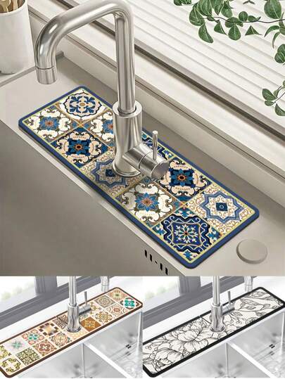1 pieza Almohadilla absorbente de agua de estilo palaciego vintage para grifo, tapete artístico y estético para el fregadero de la cocina, mosaico geométrico bohemio, salpicadero de lujo para baño, accesorio de encimera, hecho de diatomita, decoración de cocina y comedor, fregadero, antideslizante y aislante del calor, artículos de cocina, decoración del hogar, decoración de habitaciones, regalo ideal, lavable a mano
