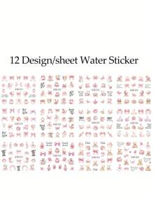 12 designs/pièces Autocollants d'eau pour ongles avec motifs de filles de bandes dessinées. Nœuds, rose, abricot, gâteau, rouge à lèvres, cosmétiques, poupée, ours, lapin, cygne, chien, design romantique. Décalcomanies kawaii à transfert par l'eau pour décoration d'ongles