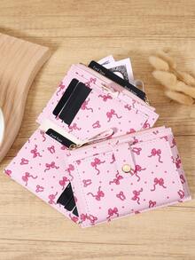 粉色蝴蝶结爱心图案扣时尚卡夹轻薄便携现金身份证信用卡零钱袋适用于生日礼物周年纪念圣诞节情人节情侣女士女孩青少年大学生学校学生包学校用品适用于学校宿舍和返校