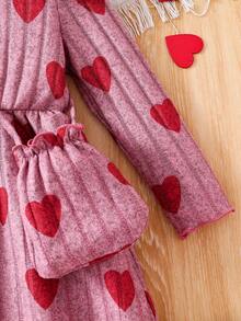 2Pcs Girls Dresses Set, Ribbed Knit Belted Heart Print Long Sleeve Dress + Matching Shoulder Bag, Comfortable & Skin-Friendly Outfit For Girls Everyday Wear, Fashionable & Active, Feminine Style