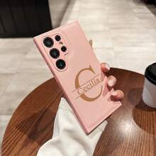 个性化定制姓名雕刻大字母手机壳适用于 Galaxy 型号 S25 S24 S23 S22 S21 S20 Ultra Plus FE A14 A15 A34 A35 A52 A53 A54 A55 奢华柔软仿皮防震 DIY 礼物 - 粉色 - 查看 2