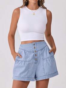 ANRABESS Women's Shorts Summer Baggy High Waisted Flowy Wide Leg Buttons Pleated Casual Jean Shorts 2025 Fashion Skorts - 淺藍色 - 查看 2