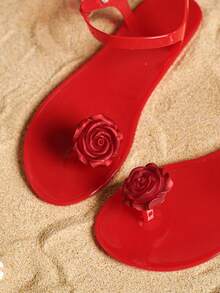 新款水晶透明果冻女士平底凉鞋，手工红色玫瑰花装饰防滑柔软沙滩凉鞋，度假和户外休闲的理想选择 - 紅色玫瑰-紅鞋 - 查看 6