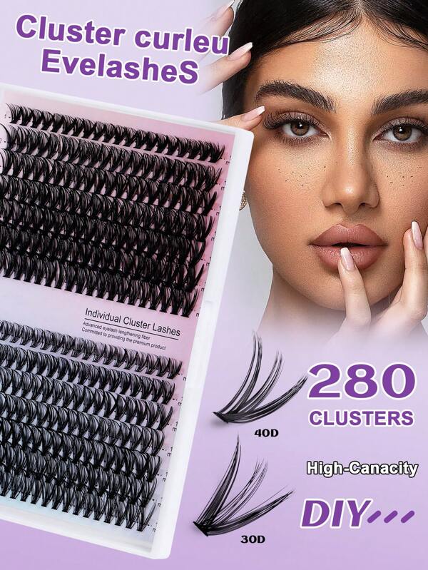 280pcs High Volume Lash Extensions, 30D+40D Mixed Cluster Eyelash Without Glue, Self-Adhesive False Lashes For 3D Curly Effect, Enlarging Eyes, DIY Customizable Individual Lashes, Suitable For Daily Use And Dates