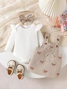 2pcs Baby Girl Comfortable Long Sleeve Bodysuit & Embroidered Pinafore Dress With Headband Set, Lightweight Spring/Autumn - Beige - View 2