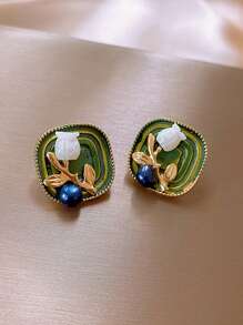 1 par de aretes vintage franceses minimalistas con diseño de ramo de tulipanes cuadrados, aretes elegantes exclusivos para mujeres, apropiados para uso diario y de fiesta