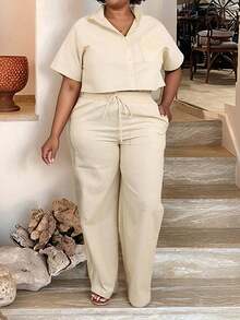 Plus Size Linen 2 Pieces Set: Short Sleeve Shirt And Wide Leg Pants, Casual Outfit For Spring/Summer