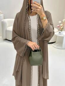 Lace Trim Cardigan Set With Chiffon Scarf - Lightweight, Elegant, Breathable, Suitable For Spring/Summer - Light Brown - View 4