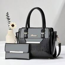 Túi xách nữ thanh lịch màu đen cổ điển, họa tiết da cá sấu, trang trí kim loại màu vàng, túi tote và đeo chéo 2 trong 1 dùng cho văn phòng, đi làm, đi chơi thường ngày, phù hợp với phụ nữ thành thị thời trang, bộ 2 món có ví, khóa kéo, tiện lợi và phong cách, phong cách công sở thường ngày, quà tặng sinh nhật - Nhiều màu - Xem 4