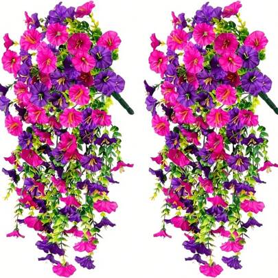 2 UV Protective Morning Glory And Eucalyptus Hanging Flowers - Bright Pink, Purple, Yellow Artificial Plants For Outdoor,Home, Office And Garden Decoration -Perfect For Holidays, Mother's Day And Year-Round Use