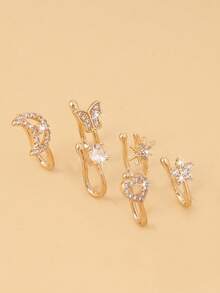 6pcs Set Fashion Casual Simple Copper Inlaid Zirconia Diamond Heart, Moon, Star, Butterfly Nose Stud Decor, Suitable For Daily Wear By Men & Women
