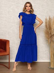 Vestido Longo Manga De Borboleta Baiha Com Babado