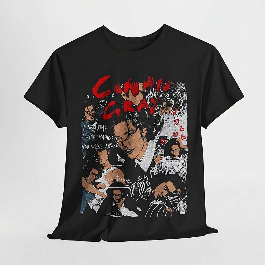 Conan Gray -Shirt INAWLY Floral Printed Short Sleeve T-Shirt Graphic Tees Women Tops - Black 1 - View 1