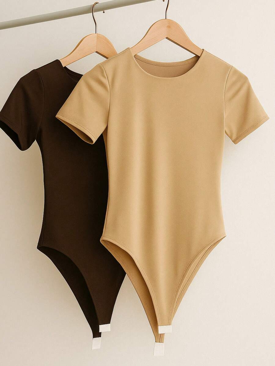 Kit 2 Women's Bodysuit Short Sleeve Elegant Suplex Bodysuit Elegant Casual Look Comfortable Bodysuit Basic And Stylish Fashion Simple Casual Fabric Simple Casual Knitted - 卡其色+咖啡棕色 - 查看 1