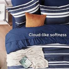 Queen Comforter Set 7 Pieces, Navy Striped Bedding Set For Queen Size Bed Reversible, Cationic Dyeing Bed In A Bag With Comforter, Sheets, Pillowcases & Shams - 亮橙色 - 查看 9