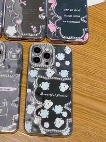 1pc Floral Painted, Rhinestone Adorable Cat Designed Luxury Bling Compatible With IPhone 11/12/13/14/15/16 Pro/Pro Max Phone Case