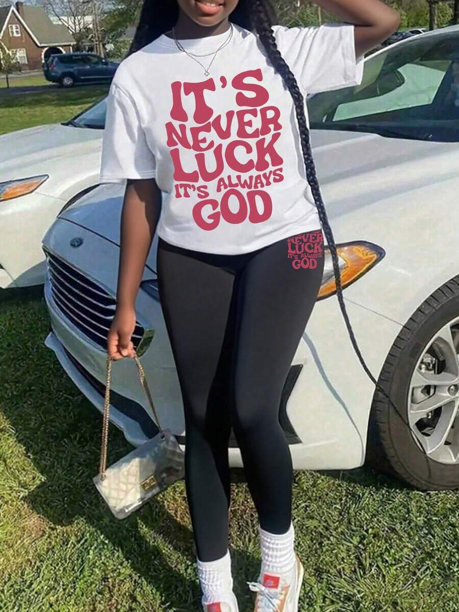 两件套少女图案印花套装，信仰主题励志夏季服装 - 彩色 - 查看 1