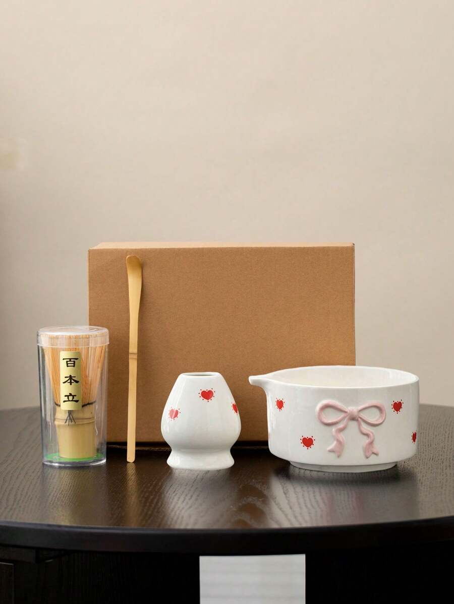 2 Stücke/3 Stücke/4 Stücke Multi-Farben geprägte Schleife & Herz Keramik Matcha Set, beinhaltet Matcha Schale, Matcha Pinsel, Matcha Tasse, Bambus Quirl & Löffel, Tee Zeremonie, Backwaren Herstellung, Getränke Werkzeugesets, japanischer Stil Geschenkbox, Song Dynastie Matcha Quirl Werkzeugesets, Feiertags Geschenkset