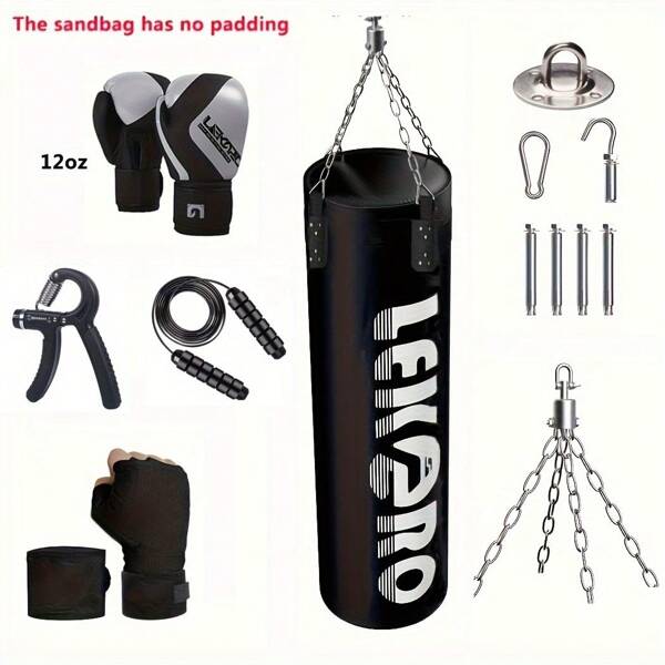 Juego de saco de boxeo colgante sin relleno con guantes de boxeo, correa, cadena, gancho, adecuado para MMA, kickboxing, muay thai, kárate, kickboxing, entrenamiento de combate, saco de boxeo, saco de boxeo