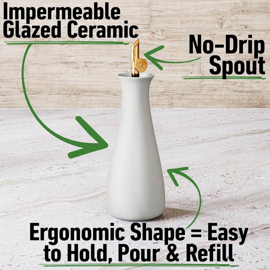Ceramic Olive Oil Dispenser With Self-Closing Gold Spout - 530 ML Capacity Matte White Ceramic Oil Dispenser For Kitchen - Leak Proof EVOO Dispensing Bottle - Stylish, Ergonomic, Durable, Easy Pour - White - View 1