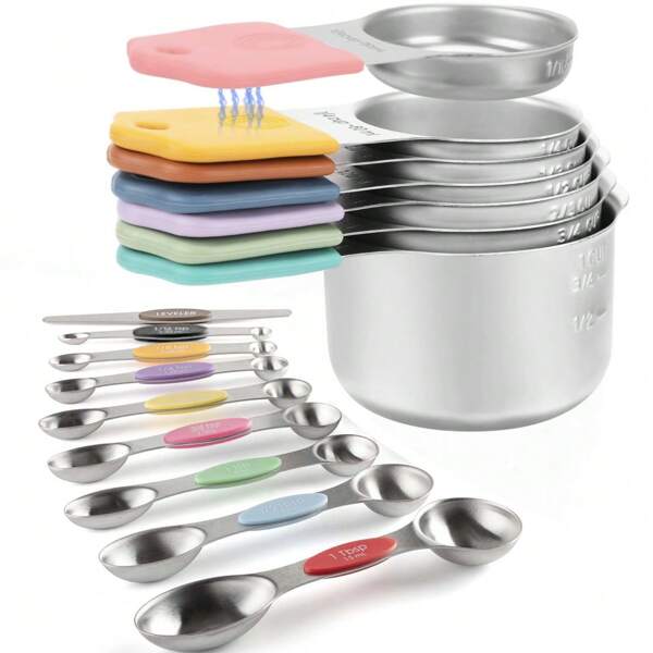 7/16 Piece Set, Magnetic Measuring Cups And Spoons Set, Stainless Steel Measuring Cups And Spoons Set, Double Sided Magnetic Measuring Spoons Set, Graduated Measuring Cup And Spoon Gap Set, Baking Measurement Tool Set, Suitable For Dry And Liquid Ingredients - Kitchen Supplies - Baking Tools