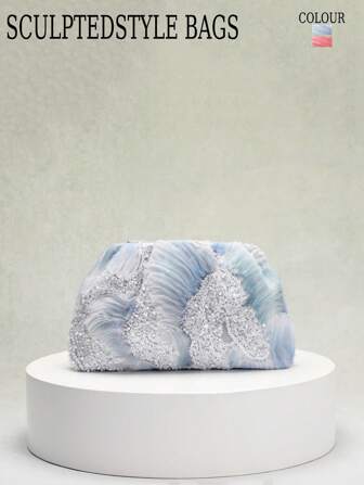 1 件 Sculptedstyle 彩色渐变亮片云朵网格亚麻刺绣褶皱云朵手拿包，闪亮华丽晚宴手提包，适合派对/节日，各式亮片花卉图案设计