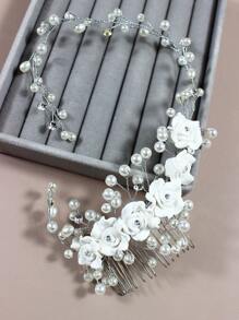 1 pieza Diadema con flor blanca y perlas para mujer/niño, peineta con rosa, accesorio vintage elegante y versátil
