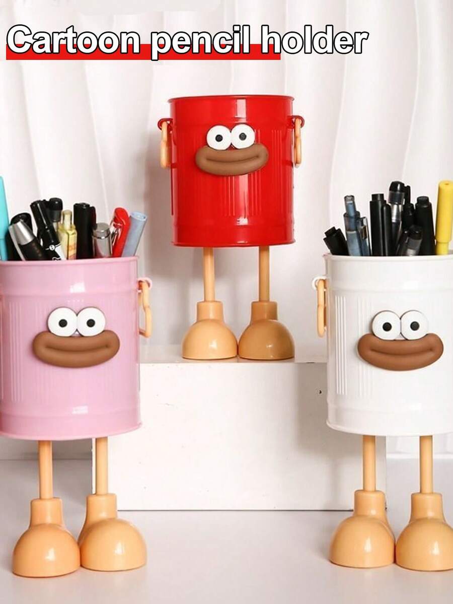 2pcs Cartoon Personalized Pen Holder, Large Capacity Cute Minimalist Retro Desktop Office Storage Bucket (Random Letter Delivery, Back To School - Multicolor - View 1