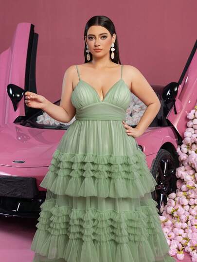 Faeriesty 奢华加码华丽薄纱晚礼服，细肩带，深V领，层叠薄纱荷叶边 | 奢华浪漫的正式礼服 | 完美适用于婚礼、舞会、森林主题活动和优雅的春季晚宴派对