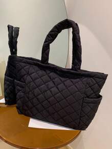 Large Capacity Solid Color Canvas Tote Bag, Fashionable For Daily Commute