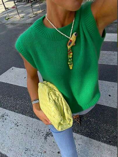 Vivid Style Summer And Fall New Yellow Round Neck Sleeveless Knit Women's Sweater Top, Loose Casual Street Style, Commuter Style Thin Sweater Undershirt, Back To School, Cute Tops Women