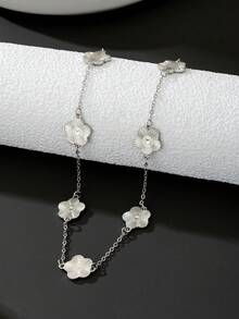 1 件简约休闲时尚高品质金属链银色双面全息五叶草吊坠项链，男士生日礼物 - 銀色 - 查看 2