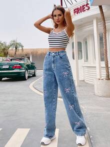 Women Classic Casual Straight Leg Jeans With Butterfly Embroidery, Versatile For Spring/Summer, Suitable For Casual, Holiday, Birthday, Party, Travel, Stage Performance, Airport