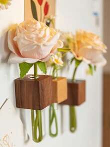 1 件木制花瓶冰箱贴，创意装饰木制花瓶磁性花架