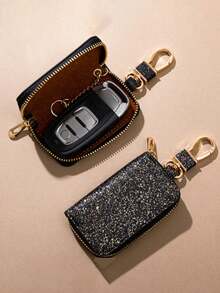 Bolsa de almacenamiento de llave de coche, bolsa de  de llaves de automóvil, llavero creativo con brillo, protector de cerradura de auto con cremallera segura, protección de bolsillo de cintura rígida, unisex para mujer, monedero mini - Multicolor - Ver 1