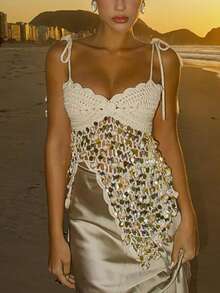 Women's Summer Slim Knit Crop Tops Tie-Up Spaghetti Strap Camisole Y2K V-Neck Split Hem Cutout Sequin Tank Tops For Beach Vacation Boho Streetwear - 白色 - 查看 2