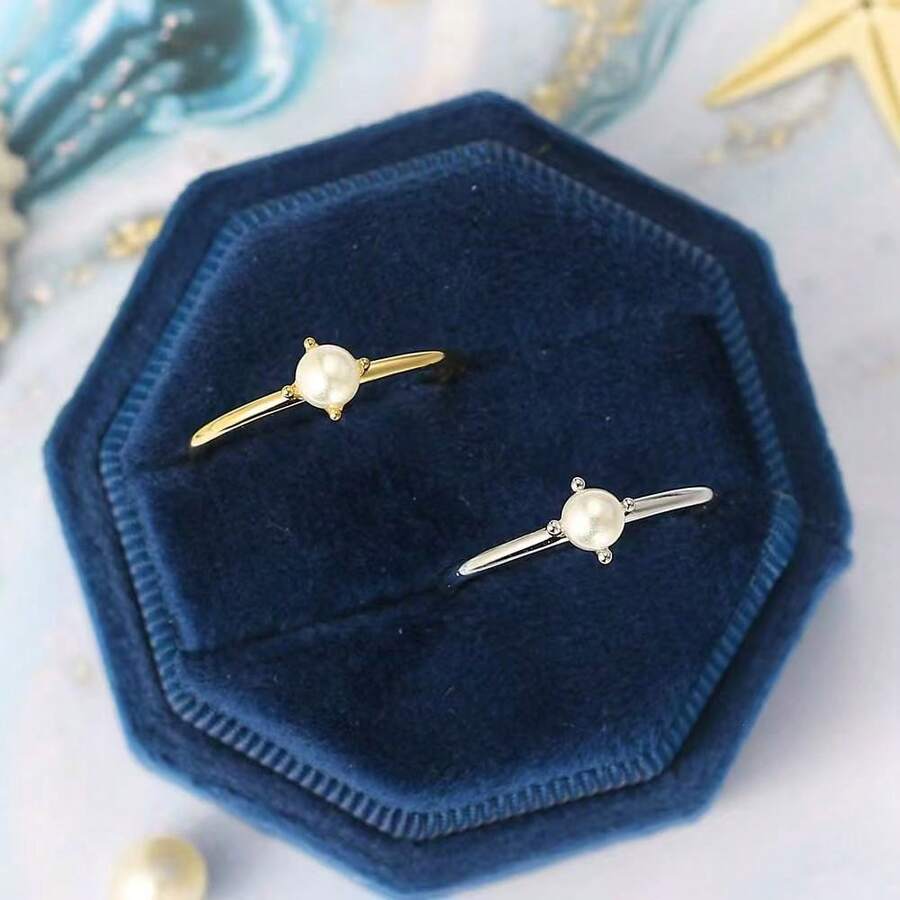 1 件简约金色四爪优质养殖珍珠戒指，适合日常佩戴和送礼 - 金色 - 查看 1