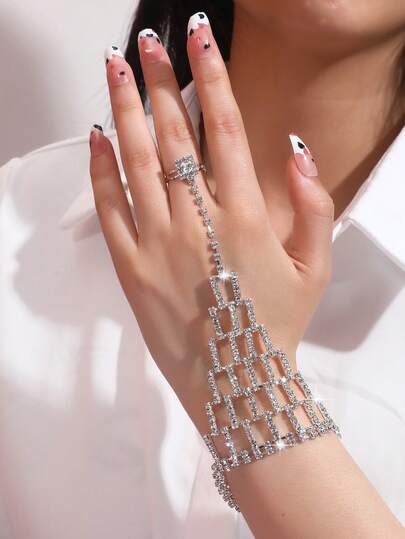 1 pieza Cadena de mano y pie de moda para mujer con cristal de imitación cuadrado, accesorio de anillo de dedo con eslabones brillantes para boda, casual y días festivos
