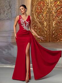 VIPGIRL Elegantes rotes Pailletten-Applikations-Ärmellos-Meerjungfrau-Abendkleid mit hohem Schlitz, körperbetontes Abendkleid, Abschlussball-Kleider für Frauen, Abendgowns, Luxuskleid, Partykleid, Hochzeitsgast - Rot - Übersicht 1