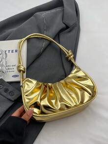 Solid Color, Metallic Shimmery, Ruffle Cloud, Fashionable Vacation Holiday Collegiate Shoulder Crossbody Bag For Women - Gold - View 8