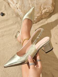 Women's Pointed Toe Chunky Heel Suede Pumps With Back Strap, Breathable Closed Toe High Heel Slingbacks For Summer - Gold - View 1
