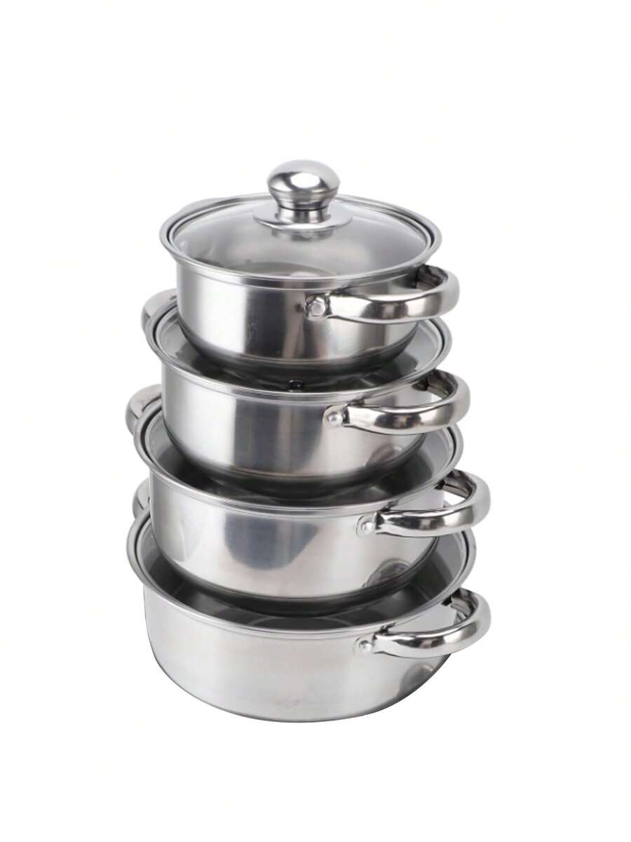 Batería cocina 4 piezas set cacerolas y sartén acero inoxidable utensilios comedor hogar resistente distribución calor uniforme compatible estufa horno diseño elegante - Plateado - Ver 1