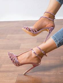 女士圆头坡跟罗马凉鞋，带绑带，真皮镂空高跟鞋，性感派对鞋 - 粉色 - 查看 4