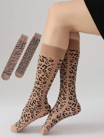 1/2/5 pares de calcetines de pantorrilla con estampado de leopardo para mujer, calcetines delgados hasta la pantorrilla, calcetines con estampado de leopardo y cebra de moda y versátiles, adecuados para uso diario, fiestas, confort