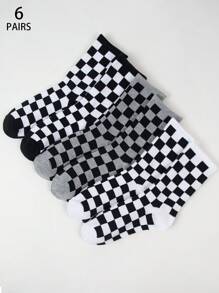 2/4/5/6 Pairs Of Women's Black & White Checkerboard Patterned Crew Socks, Personalized Casual Socks, Versatile For All Season, Suitable For Outdoor, Party, Gift, Y2k, Goth, School, Soft, Breathable