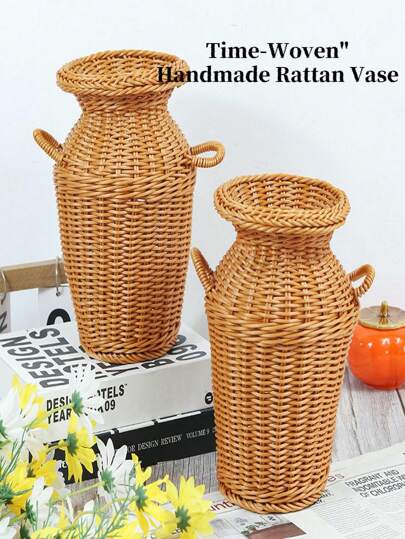 1 قطعة سلة فازة من الخيزران الصناعي البني، قطعة ديكورية رجعية لمكاتب المنزل، فازة ذات مقبضين مزخرفة، وسلة زهور مصنوعة يدويًا. مناسبة لديكور غرفة المعيشة وترتيبات الزهور على طاولة الطعام، ويمكن استخدامها كهدية لعيد الحب والأعياد الميلاد والتخرج. فازة زهور ديكور المنزل فازة زجاجية